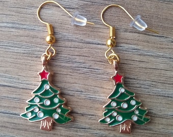 Christmas tree earrings, gold plated dangle earrings. Christmas star earrings, winter earrings, unique earrings, autumn accessories gifts