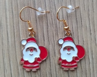 Santa Claus earrings, gold plated enamel dangle earrings. Cute Christmas earrings, winter earrings Christmas gift ideas girlfriend jewelry