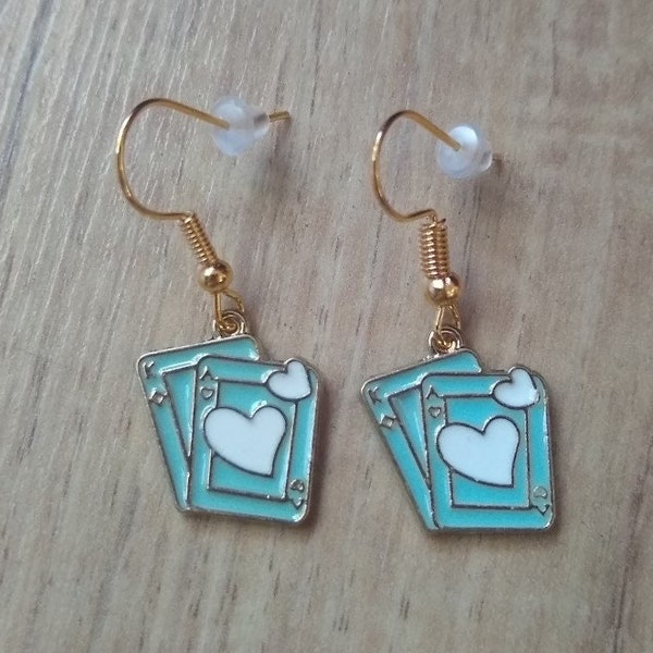 Blue white ace of hearts earrings, playing card earrings, gold plated dangle earrings. Funny magic earrings, handmade earrings unique gift