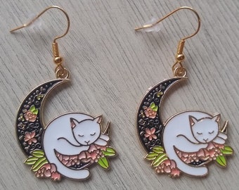 Halloween cat moon earrings, flower earrings, gold plated dangle earrings. Funky funny gift, fantasy earrings, witch earrings gift idea cats