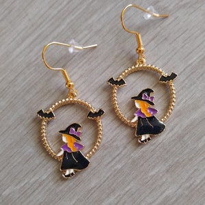 Spooky Witch Earrings, Halloween Earrings, Gold Plated Enamel Dangle Earrings. Funky goth fancy, bat earrings Halloween cute gift friends