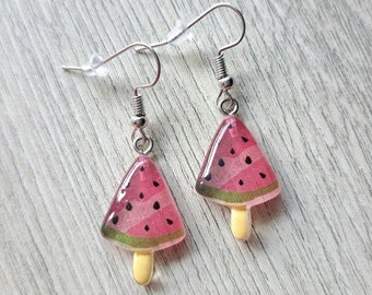 Watermelon popsicle ice cream earrings, lollipop food earrings silver plated resin earrings. Fruit earrings pink ice kawaii earrings summer