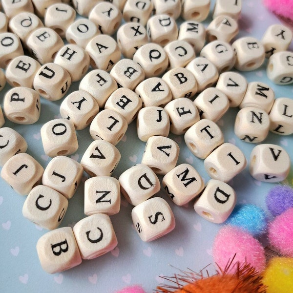 Small wooden letter beads 10 x 10 mm, natural wood decorative DIY, alphabet printed beads wood bead for necklace bracelet pacifier DIY