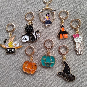 Cat pumpkin skeleton haunted house witch wizard stitch marker. Halloween Stitch Markers, Enamel Dangle Cute Ghost Stitch Markers DIY gifts