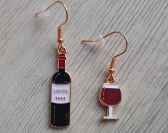 Funny uneven earrings, wine bottle wine earrings, wine glass earrings. Unique romantic earrings gift woman, enamel dangle, funny gift idea