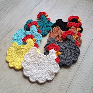 Crochet chicken coasters, handmade chicken coasters, crochet coasters set. Cute home decoration, chicken coasters, cute gift home decor