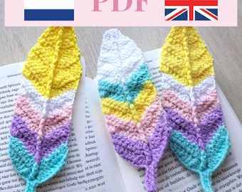 PDF crochet pattern feather bookmark, beginner crochet pattern. Crochet pattern bookmark feather hippie boho decoration in English and Dutch