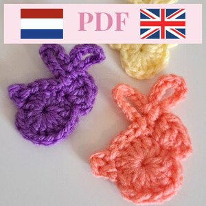 PDF haakpatroon klein konijn, konijn applicaties, beginners haakpatroon. Haakpatroon schattige konijntjes in het Engels en Nederlands Pasen