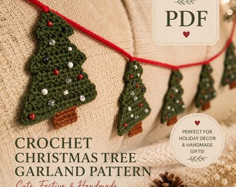 PDF crochet Christmas tree garland, Christmas tree applique, easy beginner crochet pattern. Crochet pattern Christmas tree English and Dutch