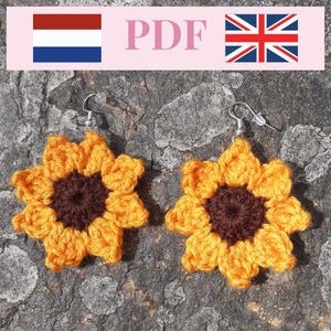 Modèle de tournesol au crochet (PDF), appliqués tournesol, modèle pour débutants. Modèle de tournesol au crochet en anglais et en néerlandais.
