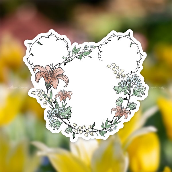 May Mouse Floral Wreath: Lily of the Valley & Hawthorn | Birth Month Flowers | Disney Inspired Sticker | 3" Waterproof