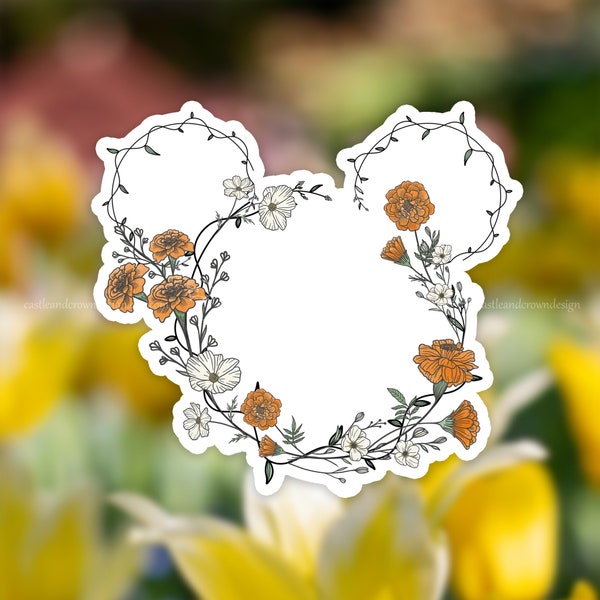 October Mouse Floral Wreath: Marigold & Cosmo | Birth Month Flowers | Disney Inspired Sticker | 3" Waterproof