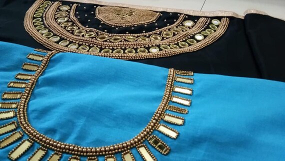 Designer Embroidered Party Wear Saree Mirror Golden Bead Work Festive Look Raw Satin Saree Heavy Look Christmas Gift Blue Black Saree Etsy Canada