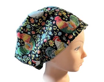 Scrub hat- rooster| pastel chicken print scrub cap | women’s euro style surgical hat with adjustable toggle | satin lined option | animal