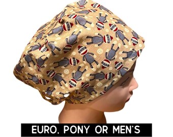 scrub hat- sock monkey | monkey print scrub cap | euro style with adjustable toggle, euro-pony with ties or men’s  | satin lined option