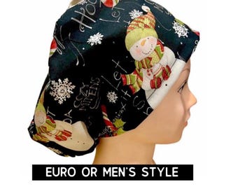 Christmas snowman hat | satin lined option | cozy winter scrub hat | euro style with adjustable toggle or men’s style