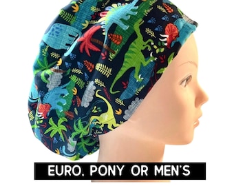 Dinosaur Scrub Hat | scrub cap | women’s euro style with adjustable toggle, ponytail or men’s | animal scrub cap | satin lined option