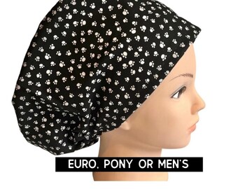 Paw print scrub cap | satin lined option | black & white dog scrub hat | euro style with adjustable toggle, euro-pony with ties, men’s style
