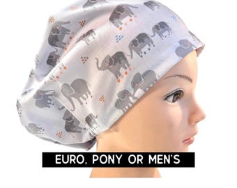 Elephant scrub cap | scrub hat |  euro style with adjustable toggle or men’s style  | satin lined option | cute animal