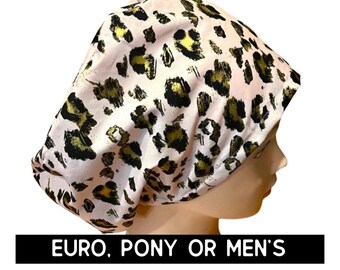 Pink cheetah print scrub hat | satin lined option | gold accent scrub cap | euro with adjustable toggle, euro-pony with ties or men’s