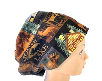 Wilderness scrub hat | camping, lake, cabin, scrub cap | outdoor theme | euro with adjustable toggle, or men’s style | satin lined option