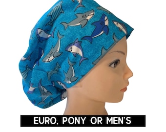 Shark print scrub hat | shark scrub cap | euro style with adjustable toggle, euro with pony ties, men’s | cute shark surgical hat | animal