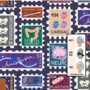 Medical stamps Scrub Cap | Funny scrub hat. Satin lined option. Euro with toggle, pony with ties or men’s styles