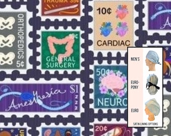 Medical stamps Scrub Cap | Funny scrub hat. Satin lined option. Euro with toggle, pony with ties or men’s styles