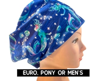 Mermaid scrub cap | euro style with adjustable toggle, euro-pony with ties, men’s | nurse hat | blue mermaid print
