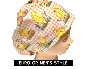 Easter Scrub hat- Cute chicks scrub cap | baby chicks plaid hat | euro style with adjustable toggle or men’s style | satin lined option