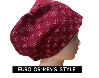 Snowflakes on red and black check scrub cap | Christmas Scrub hat | euro style with adjustable toggle or men’s style | satin lined option