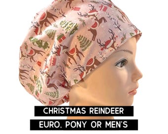 Christmas reindeer Scrub hat  / pink holiday scrub cap / winter nurse cap/ euro style with adjustable toggle, euro-pony with ties or men’s