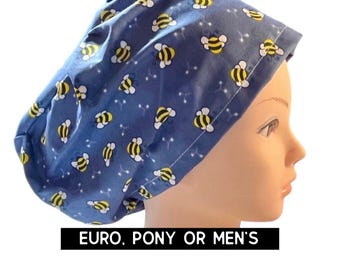 Bee print Scrub cap | blue scrub cap with bumble bee print | euro style with adjustable toggle, euro-pony with ties, men’s  | cute animal