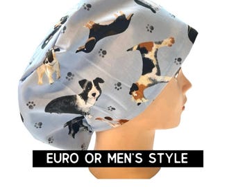 Dog breeds scrub cap | dogs scrub hat | euro style with adjustable toggle or men’s style | satin lined option