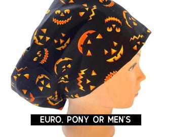 Halloween Scrub cap | satin lined option | black Jack o’ lantern scrub hat |euro with adjustable toggle, euro-pony with ties, men | pumpkin