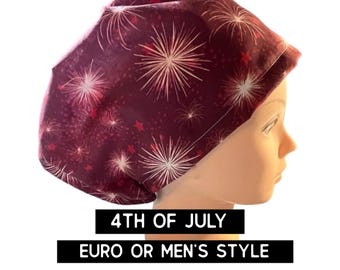 4th of July scrub hat | satin lined option | fireworks scrub cap | women’s euro style hat with adjustable toggle, or men’s style
