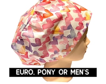 Valentine’s Day Scrub hat | pastel hearts print scrub cap | medical hat | euro style surgical hat with adjustable toggle or men’s style