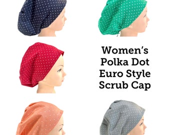 Polka dot scrub hats | satin lined option | women’s euro style scrub cap with adjustable toggle | polka dot print scrub cap | surgical hat