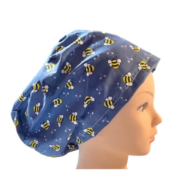 Bee print Scrub cap | blue scrub cap with bumble bee print | euro style scrub hat with adjustable toggle | cute animal