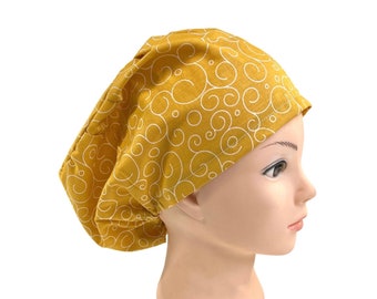 Scrub cap | yellow swirl Scrub hat | women’s euro style surgical cap with adjustable toggle | satin lined option | chemo | nurse | medical