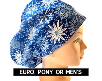 Blue snowflake scrub hat | satin lined option | Christmas scrub cap | euro with adjustable toggle, euro with pony-ties, or men’s