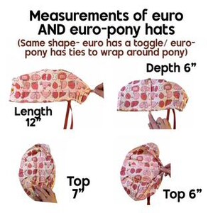 The image is a collage of four images showing the measurements of euro-pony hats in inches, with a focus on the length of the hats.
