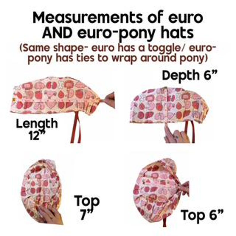 The image is a collage of four images showing the measurements of euro-pony hats in inches, with a focus on the length of the hats.