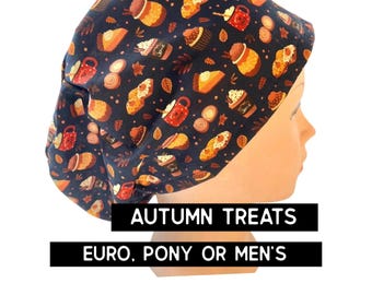 Autumn deserts and drinks Scrub cap | satin lined option | euro style with adjustable toggle, euro-pony with ties, men’s | fall colors print