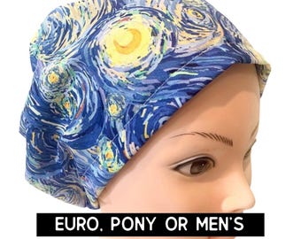 Starry night inspired print scrub cap | euro  with adjustable toggle, euro-pony with ties, or men’s  | satin lined option