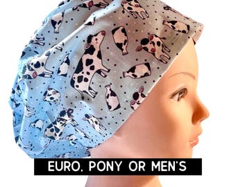 Cow Scrub Cap | satin lined option | cow print scrub hat | euro style with adjustable toggle, euro-pony with  ties, men’s  | animal print