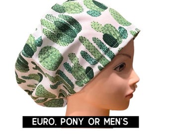Cactus Scrub hat | satin lined option | green cactus print scrub cap | euro style with adjustable toggle, euro-pony with ties or men’s style