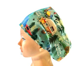 Scrub cap -Camping - woods print | satin lined option | wilderness theme scrub hat | euro style with adjustable toggle, ponytail or men’s