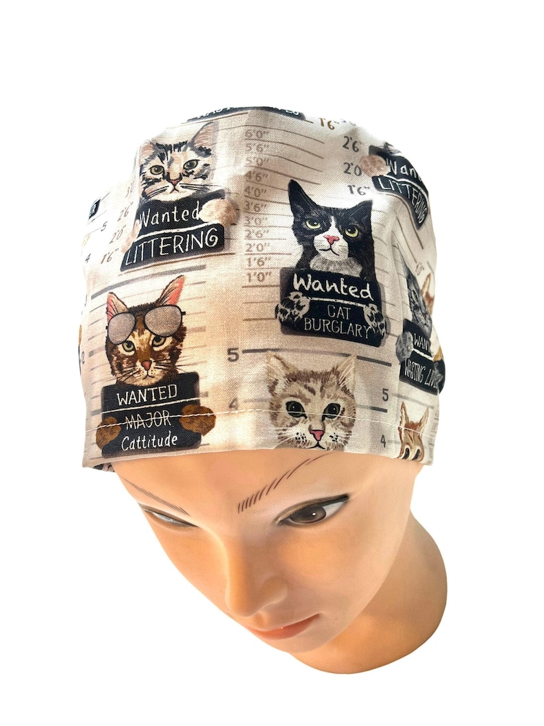 Cat Mug Shot Scrub Cap: Satin Lined option. Euro, euro-pony or men’s 画像 11