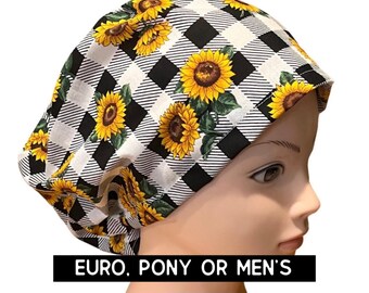 Sunflower black and white check scrub cap | scrub hat | euro with adjustable toggle, euro-pony with ties or men’s | satin lined option